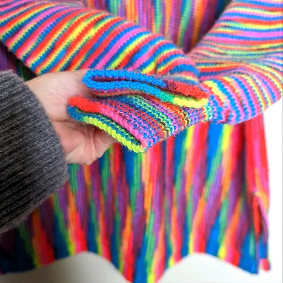 Vintage 80s Handmade Neon Multi Bright Stripe Knit Tunic Sweater - Picture 7 of 12